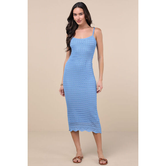 Lulus Ventura Vision Blue Crochet Lace-up Midi Dress - Size S - Picture 1 of 4